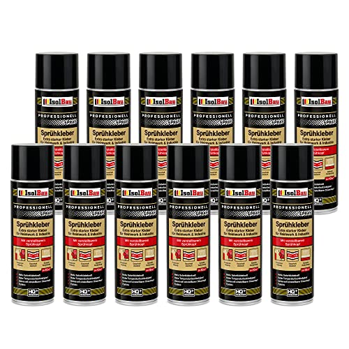 Isolbau Colle en spray 12 x 500 ml – Colle extra forte pour bricolage et industrie – Spray adhésif pour mousse, bois, tissu, cuir, feutre, etc Isolbau Colle en spray 12 x 500 ml – Colle extra forte pour bricolage et industrie – Spray adhésif pour mousse, bois, tissu, cuir, feutre, etc