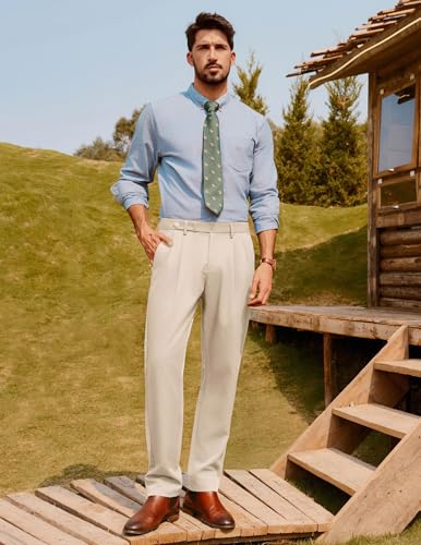 Men's Pleated Tapered Pants Extended Waist Vintage Pleated Cropped Trousers with Slant Pockets for Office Wear Beige L2