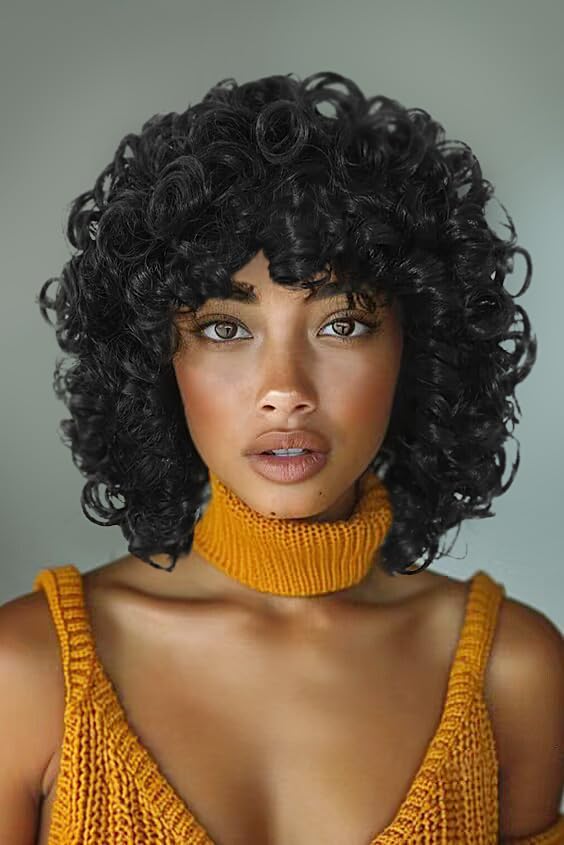 WIGNEE Pelucas rizadas cortas con flequillo (negro)