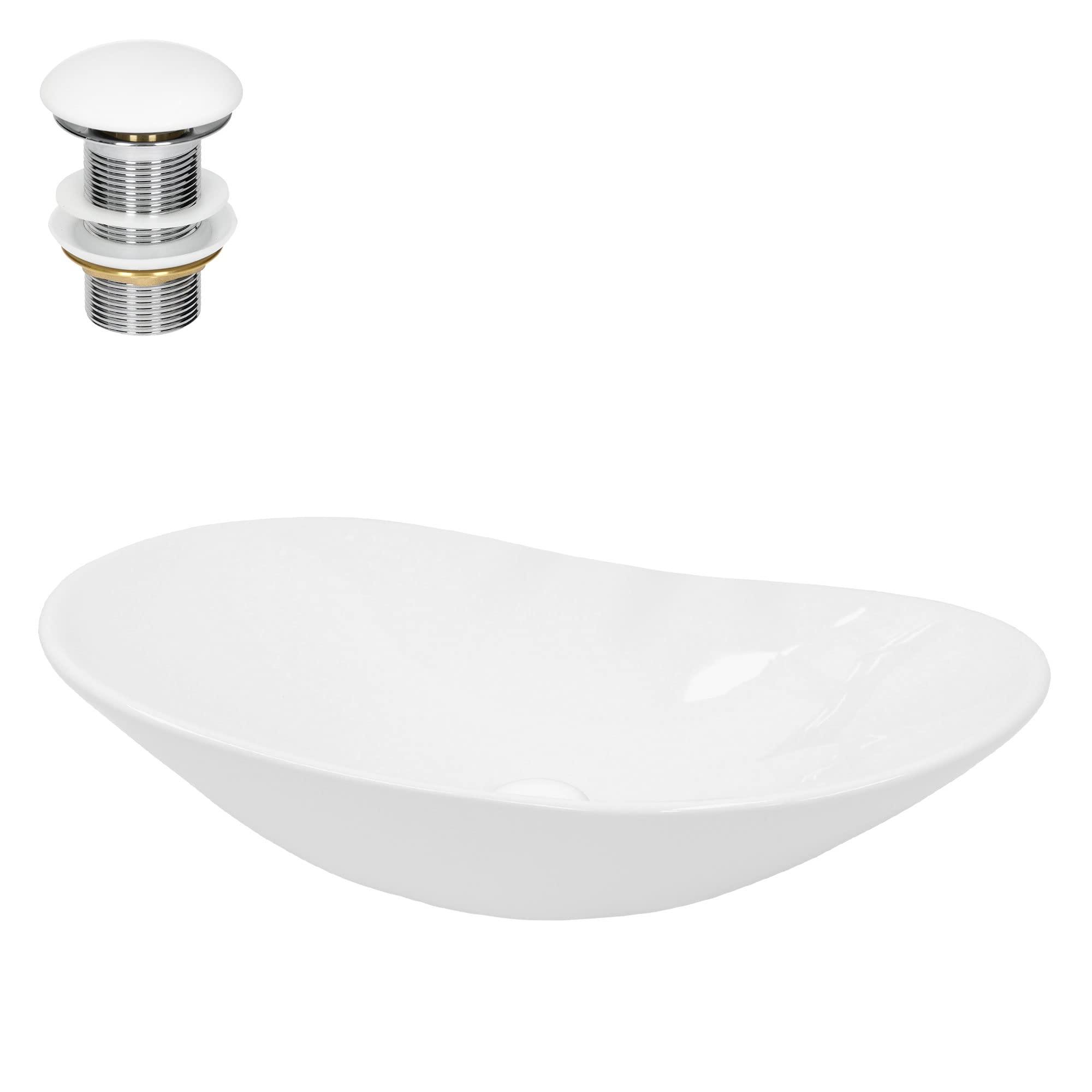 LuxeBath Waschbecken Keramik 640x365x130 mm oval Weiß mit Ablaufgarnitur Weiß, Kieselstein Form, Aufsatzwaschbecken für Badezimmer/Gäste-WC, Modernes Aufsatzbecken, Waschtisch Waschschale Waschplatz