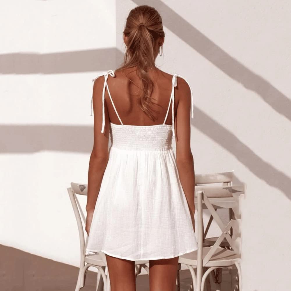 Suéter Sling Bow Señoras Vestido Corto Playa A-Line Vestido Volantes Suéter Fiesta de Vacaciones Verano Mujer/White/L