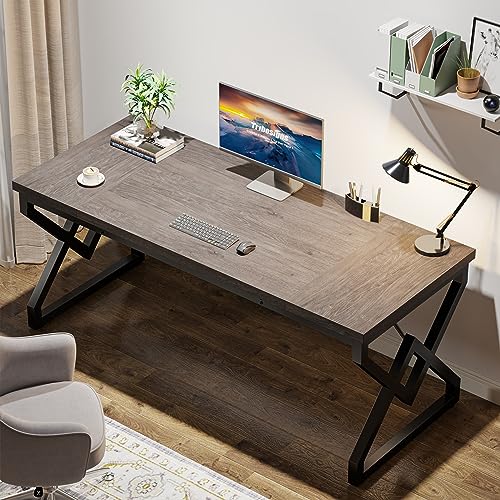 Image of Tribesigns 63 inch Executive Desk, Industrial Computer Desk for Home Office | Large Office Table with Metal Frame, Large Tabletop, Modern Simple Workstation Writing Table Study Desk, Grey