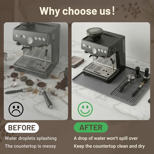 Image of ZJWZLG Silicone Coffee Mat for Countertop, 24x16 inch Heat Resistant Espresso Machine Mat, Non-Slip Coffee Bar Mat with Detachable Drying Area and Raised Edge, Waterproof Station Pad - Grey