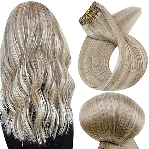 Full Shine Ash Blonde Clip in Hair Extensions 16 Inch Color 18 Ash Blonde and 613 Blonde Highlights Remy Extensions Clip in Human Hair 100 Gram 7 Pcs Double Weft Hair Extensions