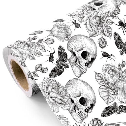 WRAPAHOLIC Vintage Halloween Wrapping Paper Roll - Mini Roll - 17 Inch x 16.5 Feet - Black White Goth Floral Skull Wrapping Paper for Halloween Decorations Birthday Holiday Party