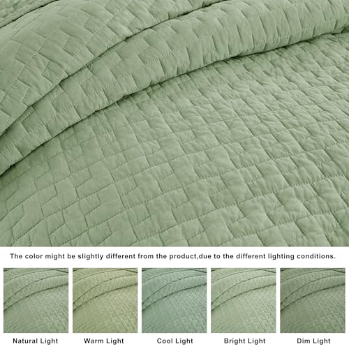 Image of palassio Sage Green 100% Cotton Quilt King Size Bedding Sets with 2 Pillow Shams, Textured Lightweight Soft Bedspread Shabby Chic Coverlet, Quilted Comforter Bed Cover for All Season, 3 Pieces
