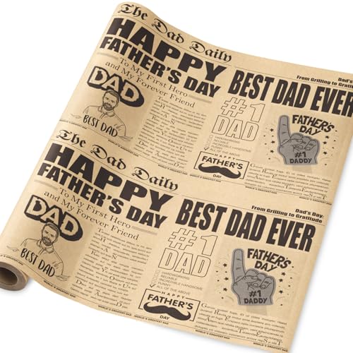 RUSPEPA Vintage Newspaper Fathers Day Wrapping Paper Roll Mini Roll Rustic Retro Best Dad Ever Design Kraft Gift Wrap for Dad Grandpa Husband Fathers Day 17 Inches x 16.4 Feet