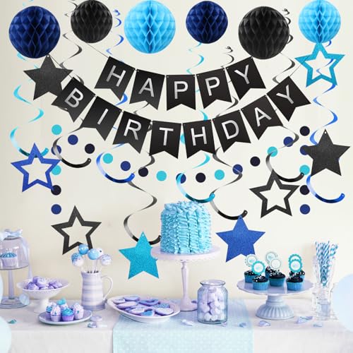 Image of meowtastic Birthday Decorations Happy Birthday Banner with Honeycomb Balls | 16pcs Birthday Set: 1 Banner+6 Honeycomb Balls+8 Star Spirals+1 Circle Dots, Happy Birthday Decor - Black and Blue
