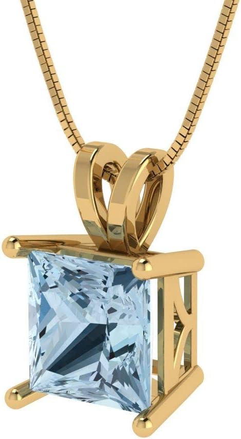 Clara Pucci 14K Yellow Gold Plated Solitaire 18" Box-Chain Necklace - Sterling Silver 2ct Princess Cut Aquamarine Pendant - Image 2