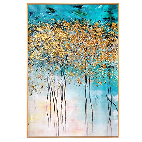 Peinture abstraite 3D feuille d'or et bleu l'arbre de vie artistique