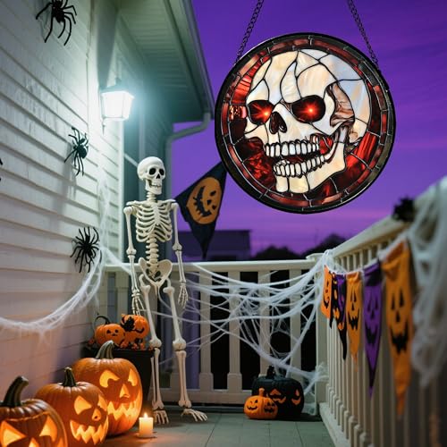 Image of Stained Glass Window Hanging - Halloween Decorations White Skeleton Suncatcher for Doors Garden Indoor Spooky Funny Red Sun Catchers Gothic Decor Horror Gifts for Women Men Friend 7.8 in