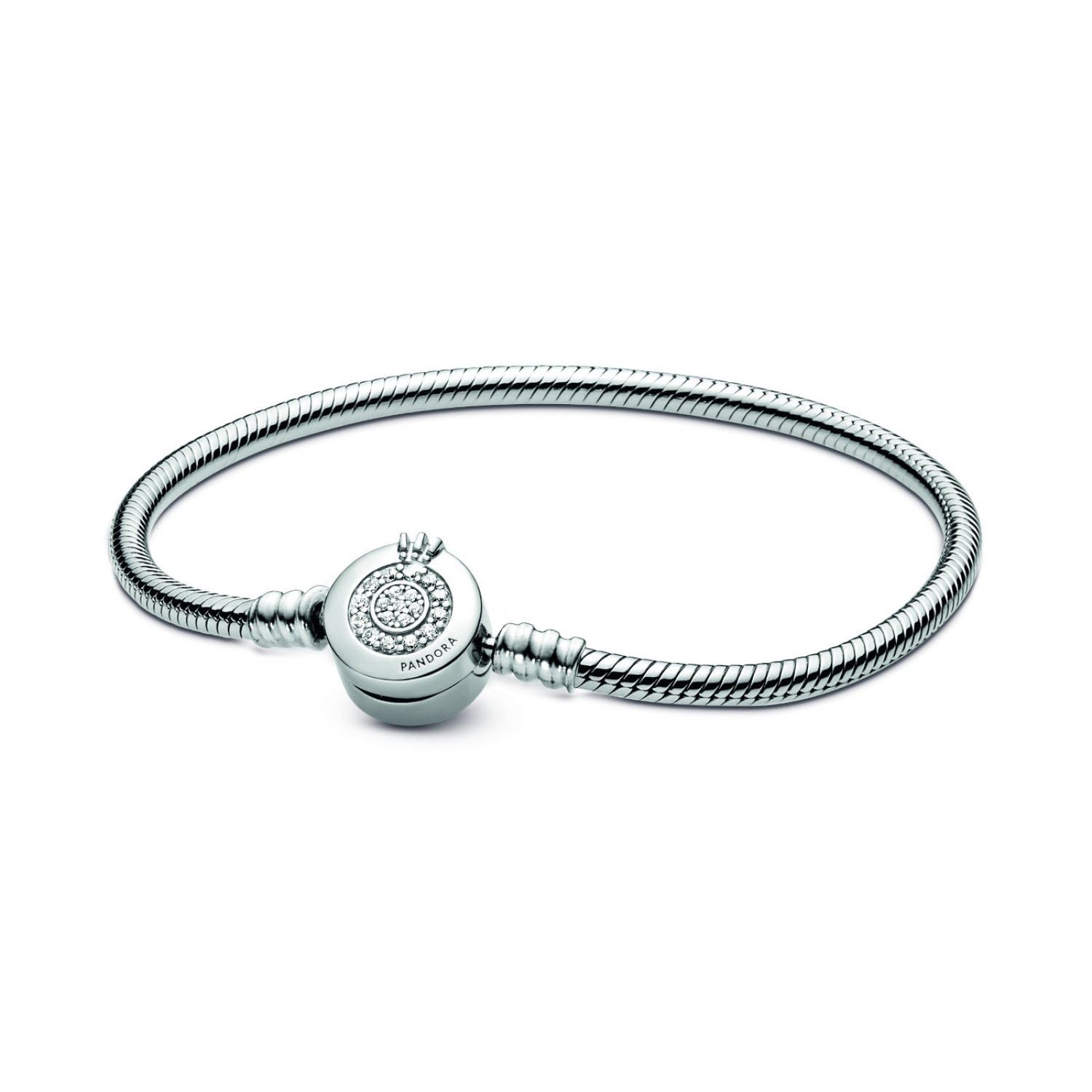 Pandora Signature Sparkling Crown O Snake Chain sterling silver bracelet with clear cubic zirconia, 16