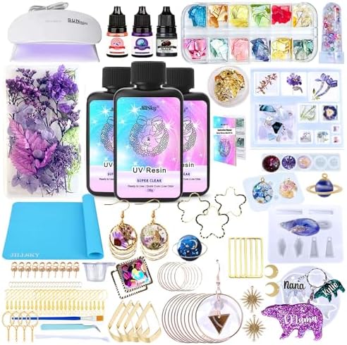 JILLSKY UV Resin Kit 300g with Light & Molds, Crystal Clear Fast Cure UV Resin for Jewelry Making, Keychains, Earrings and DIY Crafts with Flowers, Pigments & Tools