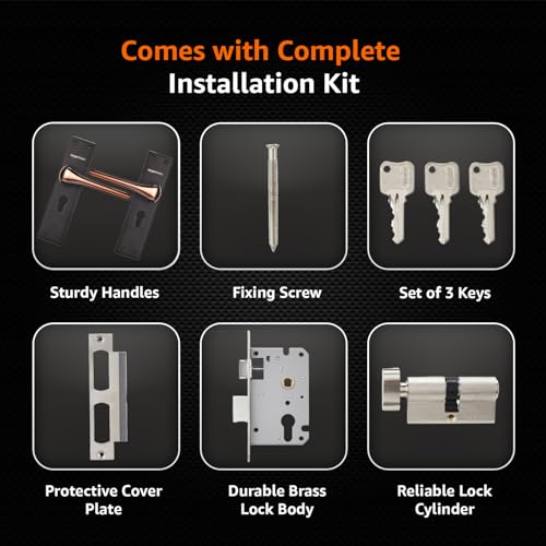 Image of Amazon Basics Heavy-Duty Door Lock Set | Mortise Door Lock Handlesets with 3 Brass Key for Home,Office,Hotel | Brass Lock Body & Cylinder | Coca Black