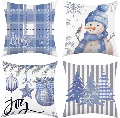 4 Stück Kissenbezug Weihnachten 40 x 40cm,Weihnachten Blau Schneemann...