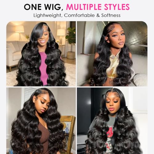 Image of Pizazz 13x6 HD Transparent Lace Front Wigs Human hair Pre Plucked 180 Density Brazilian Body Wave Frontal Wigs Human Hair with Baby Hair Natural Hairline Natural Black Color 28Inch