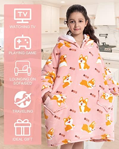 Kids Oversized Blanket Hoodie with Big Front Pockets, Flannel and Cotton Wool Warm Cozy Hug Boy Girl, Fuzzy Fleece Wearable Sweatshirt Blankets for Teenagers 7-12Years Corgi 5 51vazhUBaCL. AC