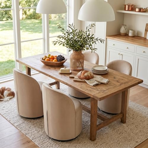 Image of HNY Upholstered Kitchen & Dining Room Barrel Chairs Set of 4, Mid Century Modern Round Velvet Dining Chairs, 360 Degree Swivel Comfy Armless Accent Makeup Vanity Side Chairs for Living Room, Khaki