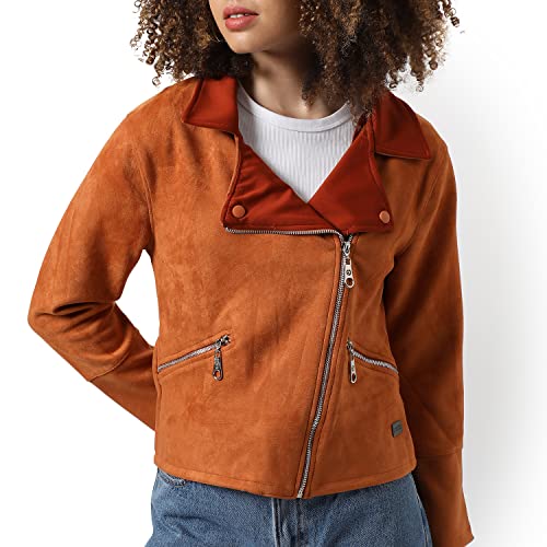 Image of Campus Sutra Women Brown Regular Fit Biker Jacket For Winter Wear | Collar Neck | Full Sleeve | Zipper | Casual Jacket For Woman & Girl | Western Stylish Jacket For Women
