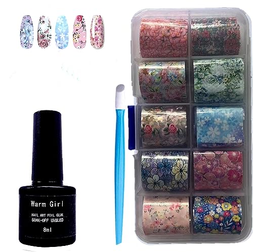 Warm Girl 8ml Nail Art Foil Glue Gel with 10 Roll Starry Sky Star Foil Stickers Set Nail Transfer Tips Manicure Art