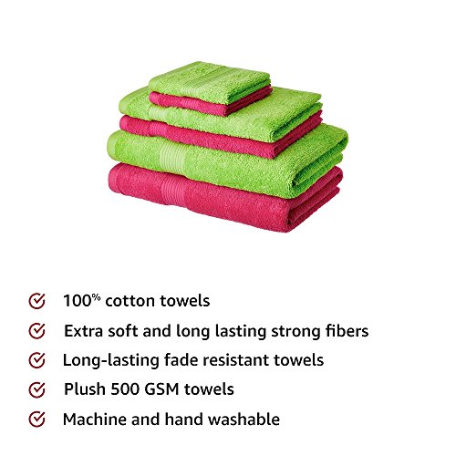 Image of Amazon Brand - Solimo 100% Cotton 6 Piece Towel Set, 500 GSM (Spring Green and Paradise Pink)