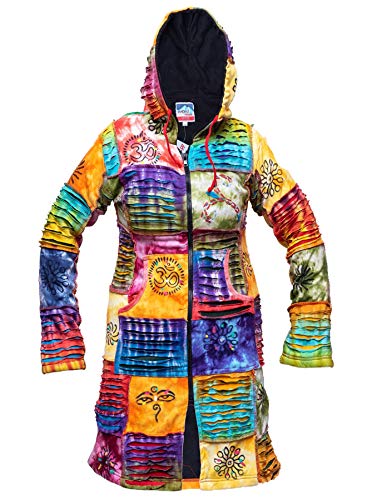 Women's Patchwork Knee-length Winter Jacket, Warm Colorful Tie-Dye Hippie Zip Up Long Coat