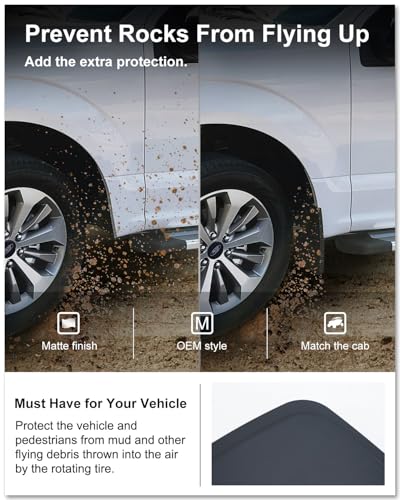 Image of Kiwi Master Mud Flaps for 2015-2020 Ford F-150 (Without OEM Fender Flares), OEM Replacement # FL3Z-16A550-CA, FL3Z-16A550-DA, Heavy Duty Mud Guards, Front & Rear Splash Guards, No Drill, 4 Pcs Set