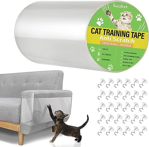 Lewondr Anti-Scratch Cat Deterrent Tape, 7.87x118 Inches Transparent Clear Furniture Protector, Single Side Training Tape With 30 Pins for Couch, Carpet, Doors