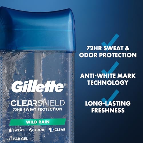 Image of Gillette Antiperspirant and Deodorant for Men, 72hr Sweat & Odor Protection, Long Lasting Freshness, Anti-White Mark Technology, Clear Gel, Wild Rain Scent, 3.8 oz