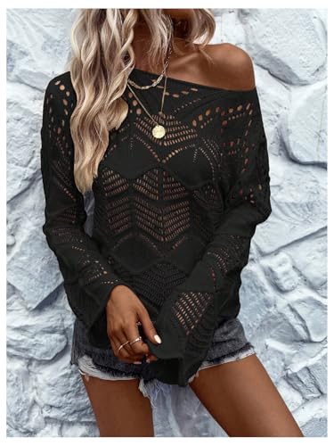 Women's Crochet Sweater Hollow Out Lightweight Sweaters Crew Neck Long Sleeve Casual Pullover Knit Top3
