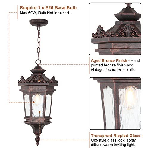 Goalplus Outdoor Pendant Light Fixture For Porch, 16.5" High Bronze Exterior Hanging Lantern Light Fixture With Clear Seeded Glass, Lmsp0320-L #TOP4