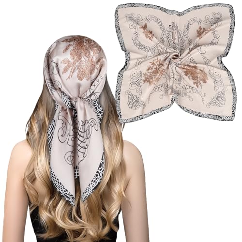 Relang Fashion Silk Satin Head Scarf for Women Hair Bandana Hair Scarf Wrap Neck Scarf for Women 27.5×27.5 inches Corded Lace Apricot