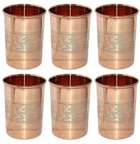 HRS India Lot de 6 verres à eau en cuivre pur avec motif floral en relief 300 ml