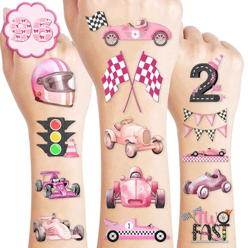 96 PCS Pink Race Car Pre-Cut Temporary Tattoos Birthday Party Decorations Supplies Favors Pink Two Fast One 1st Hot Checkered Decor Stickers Gifts For Boys Girls Classroom School Prizes Reward