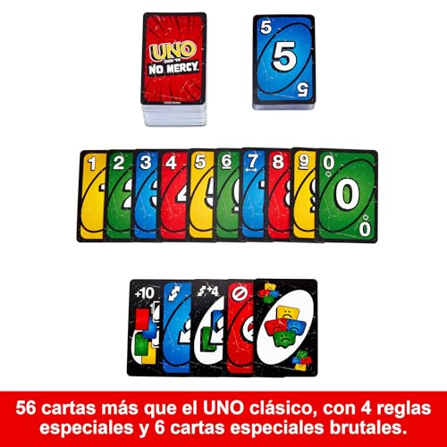 Miniatura 3 de Mattel Games Juego de cartas UNO No Mercy Juego de mesa familiar con cartas nuevas, reglas especiales y penalizaciones más despiadadas, +7 años (HWV18)