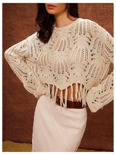 GORGLITTER Women's Crochet Lightweight Sweaters Boho Fringe Hollow Out Long Sleeve Poncho Trendy Pullover Crop Tops2