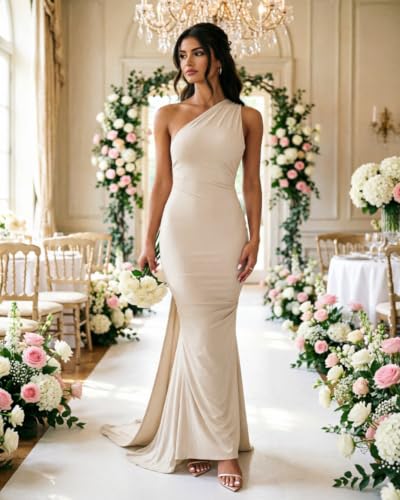 Image of Suillty Women's Sexy Oblique Shoulder Backless Maxi Dress Ruched Back Strap Sleeveless Party Club Long Dresses Bodycon
