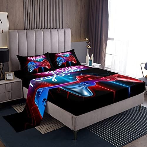 Gamer Sheet Set For Kids Single Size Boys Gaming Sheets Modern Video Game Controller Bed Sheet Set Super Soft Blue Red Gamer Console Bed Set, Microfiber, Easy Wash