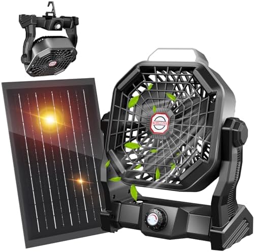 JINLICTE 10400mAh Solar Fan with LED Lantern, Camping Fan with Solar Panel, 7W Rechargeable Solar Powered for Outside, Quiet Battery Operated Tent for Picnic, Barbecue, Fishing, Travel