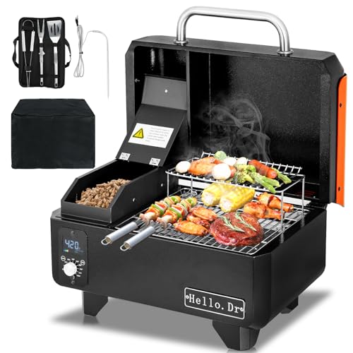 Hello.Dr Portable Pellet Smoker, Smoker Grill with Digital Control, LED Screen, Meat Probe, Portable Pellet Grill for BBQ, Smoke, Bake and Roast, RV Camping, Orange