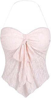 Women's Floral Lace Halter Backless Tie Front Bow Asymmetrical Crop Top