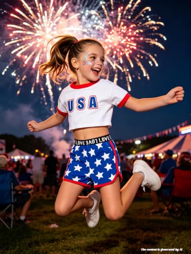 Image of Betusline Girls Summer 2 Piece Outfits,Kids Short Sleeve Crop Top & Shorts Set with Side Pockets