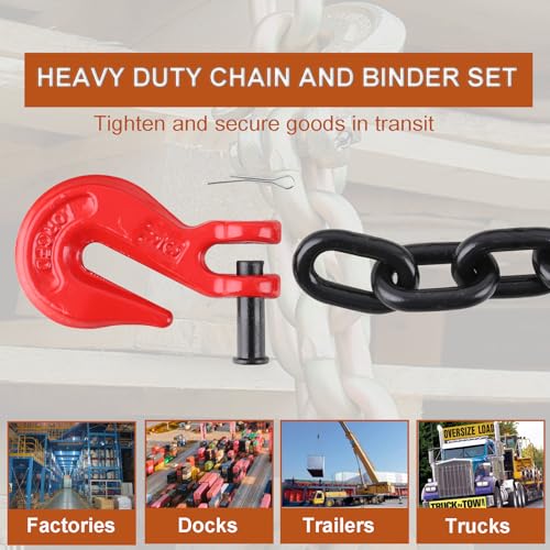 Image of 3 /8 Inch x 20FT Safety /Binder Chain G80 Transport Binder Chain with Clevis Grab Hooks 7,100 lbs Safe Working Load Logging Chain for Transporting Towing Tie Down Binding Equipment