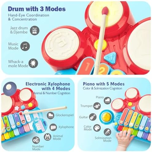 hahaland 5 in 1 Kids Piano Drum Set, Musical Toddler Toys for 1 2 3 Year Old Boys Girls, Electronic Keyboard Xylophone Set Baby Toys 12-18 Months Development for 18 Months+ 4 51vb rn91AL. AC