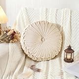 ROSE&RISY Round Pleated Velvet Throw Pillow, 1 Pack Decorative Accent Pumpkin Pillow Cushion for Couch Sofa Bed, Soft Plush Retro Vanity Throw Pillow for Home Decor, 14.5 Inch, Cream