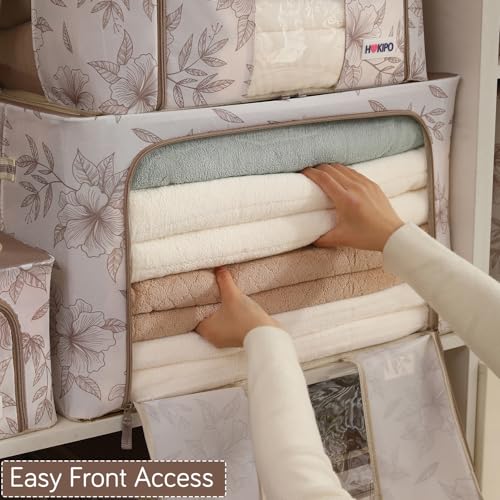 Image of HOKIPO 88L(XL) Folding Storage Box and Organiser for Clothes, 600D Oxford Fabric Storage Box, Latte Floral Pack of 2 (AR-6487-LBR*2)