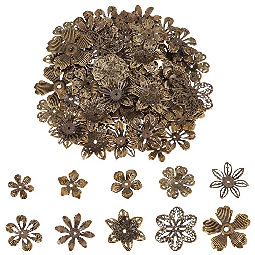 PandaHall 200pcs Flower Spacer Beads 10 Styles Iron Flower Bead Cap Filigree Tibetan End Caps for DIY Earrings Bracekets Necklace Jewelry Craft Making Supplies Antique Bronze