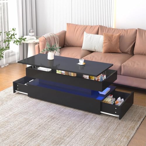 AMZOSS 40\" Lift Top Coffee Table, Rectangle Center Table with Storage, LED Lights, Hidden Compartment, 2 Drawers and Open Shelf, Small Modern Coffee Table for Living Room,Black