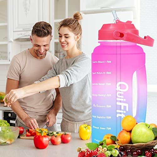QuiFit 2.2 Litre Motivational Water Bottle with Straw - Large Reusable Sports Water Jug w/Time Marker, Drinks Bottle for Office Gym Camping Outdoor - BPA Free (Pink-Blue, 2.2 litre)