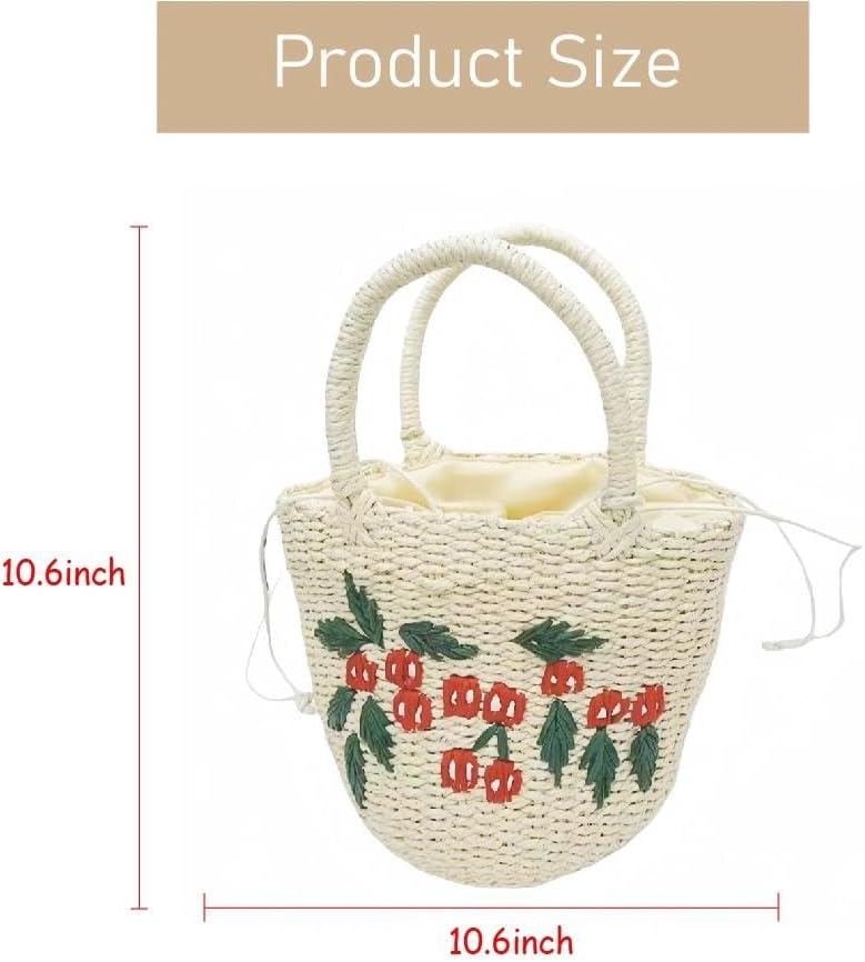 Embroidery-Detail Drawstring Straw Handbag for Women, Woven Straw Beach Bag, Summer Vacation Handbag，Clutch Purses for Women